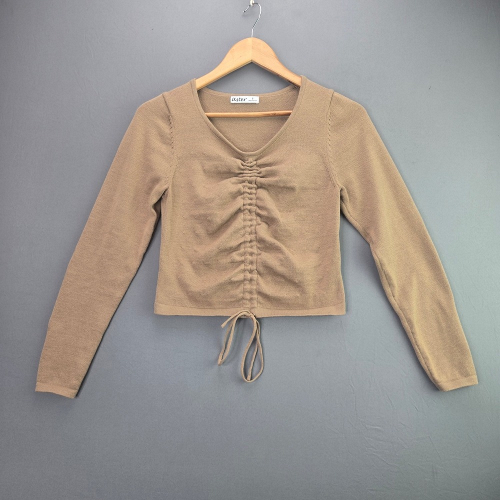 Aster Knit Top Ruched Front Drawstring Small Tan Long Sleeve Cropped Sweater